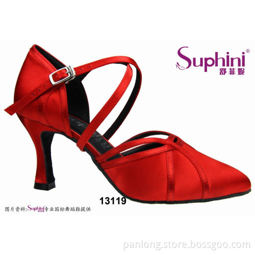 Suphini Red Satin Ladies Footwear China Ballroom Dance Shoes